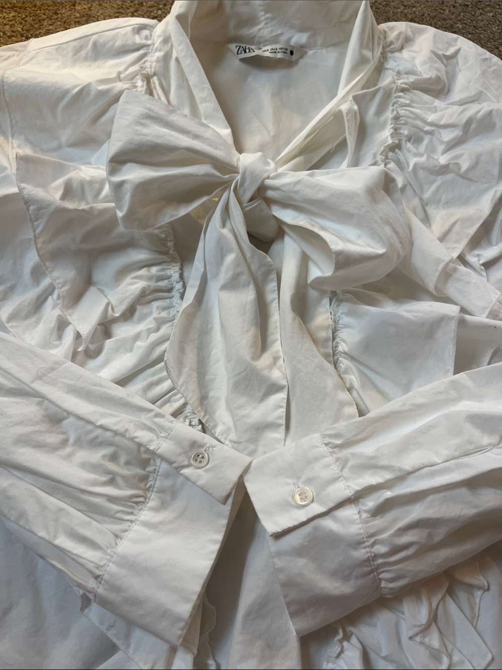👑👑Zara 💯%Cotton Generous szS Mega Maximalist Double Ruffle Big Bow White Blouse - Picture 6 of 10
